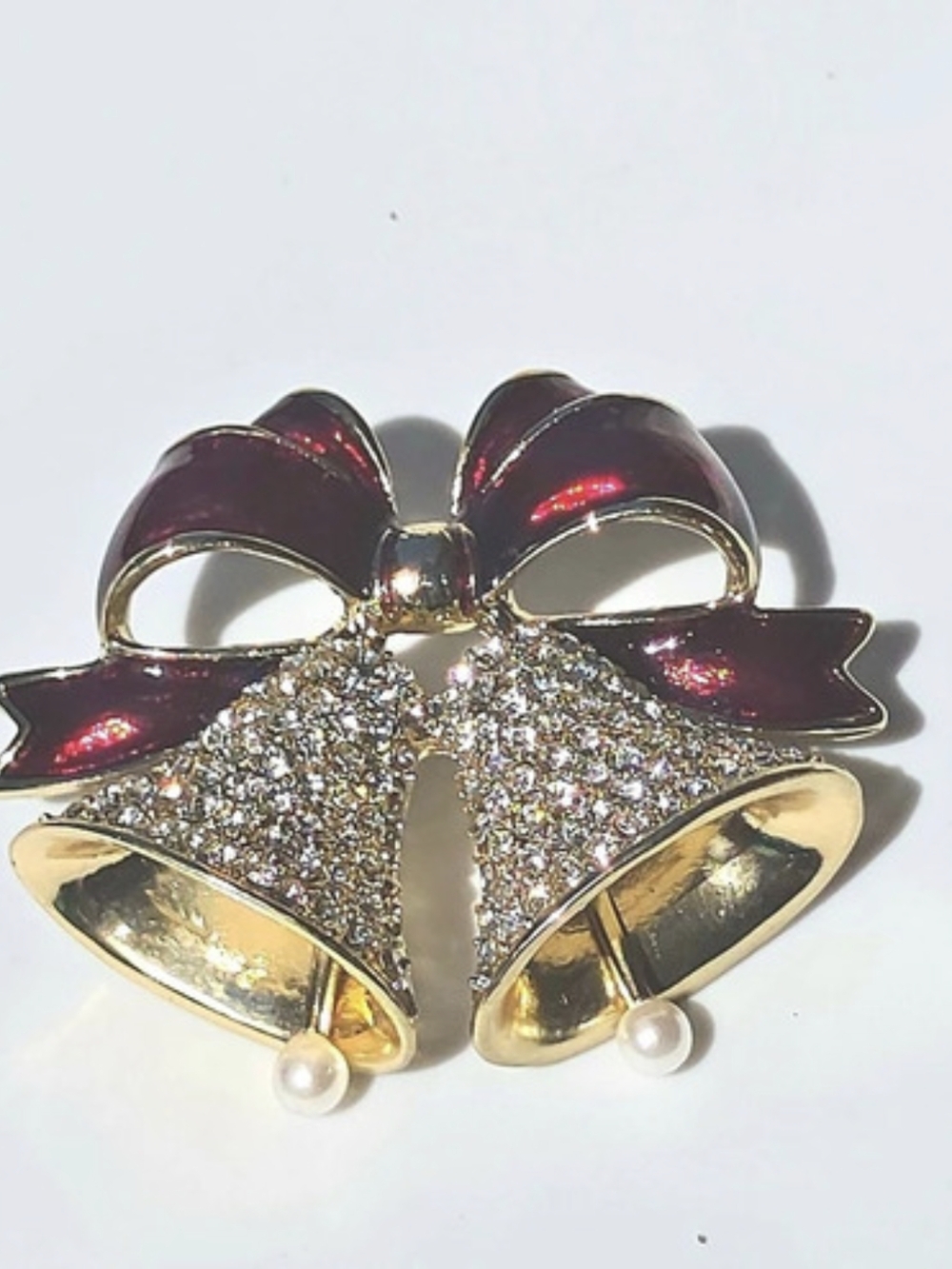 Christmas Holiday Rhinestone Bell Brooch in Gold & Red Like New